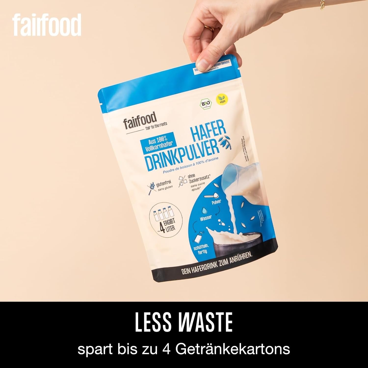 fairfood Bio Haferdrink Pulver 360g - nachhaltige Milchalternative - vegan, glutenfrei und ohne Öl - bis zu 4L Haferdrink - zum Selbermischen - 100% Bio-Vollkornhafer