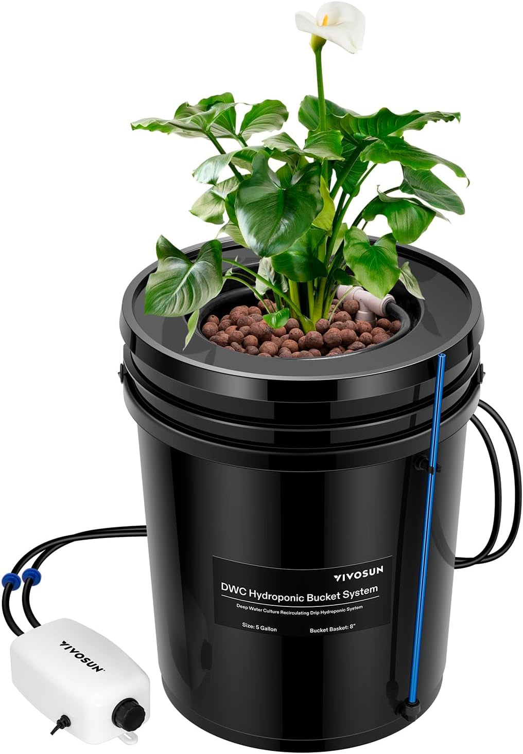 VIVOSUN DWC Hydrokultur Anbausystem mit Topf-Tropfkit, 5-Gallonen Tiefwasserkultur, Umwälz-Tropfgartensystem mit Mehrzweck-Luftschlauch, 8W Luftpumpe und Luftstein (1 Eimer + Top-Drip-Kit)
