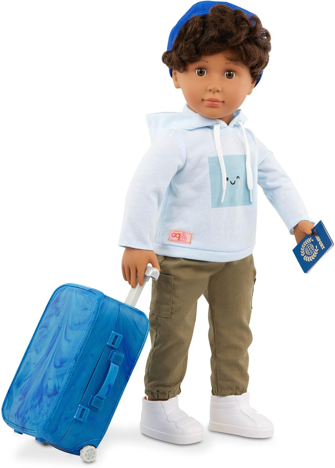 Our Generation – Milo – Păpușă băiat 46 cm – Ochi căprui realiști și păr castaniu creț – Bagaj cu roți și accesorii de călătorie – Joc de simulare – Jucărie pentru copii cu vârsta de 3 ani și peste