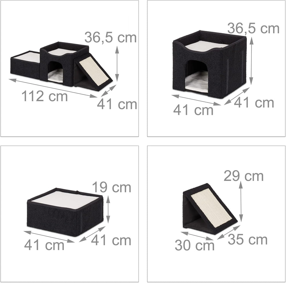 Relaxdays Katzenhöhle, faltbar, 3 Liegeplätze, Katzenhaus mit Kratzfläche, HBT: 36,5x112x41 cm, Katzenversteck, schwarz