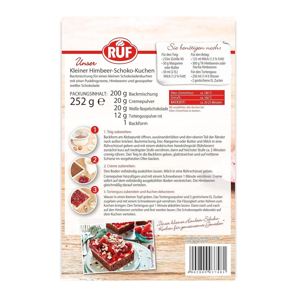 RUF Kleiner Himbeer-Schokokuchen, Mini-Kuchen Mit Feiner Puddingcreme, Himbeeren Und Weißen Schokoraspeln, Inkl. Backform, 1X252G Mischung zum Backen und Kochen Naty Shop
