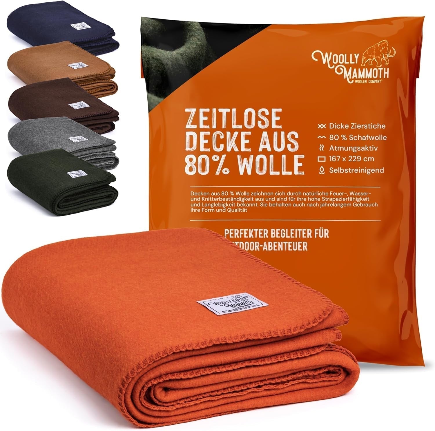 Woolly Mammoth Woolen Co. Campingdecke, extra groß, Merinowolle, die perfekte Outdoor-Ausrüstung für Bushcraft, Camping, Trekking, Wandern, Überleben oder Hüttendecke. Braun, 168 x 228 Woolly Mammoth Woollen Company Orange/Roter Abendzickzack (Sunset Chevron) 66" x 90" Betten und Decken