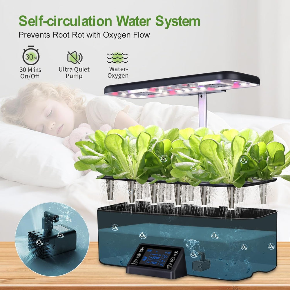 Sistem de creștere hidroponică de interior cu setări inteligente de program de iluminare, ghiveci pentru grădină de plante aromatice cu lumină de creștere cu spectru complet, 17 capsule, negru