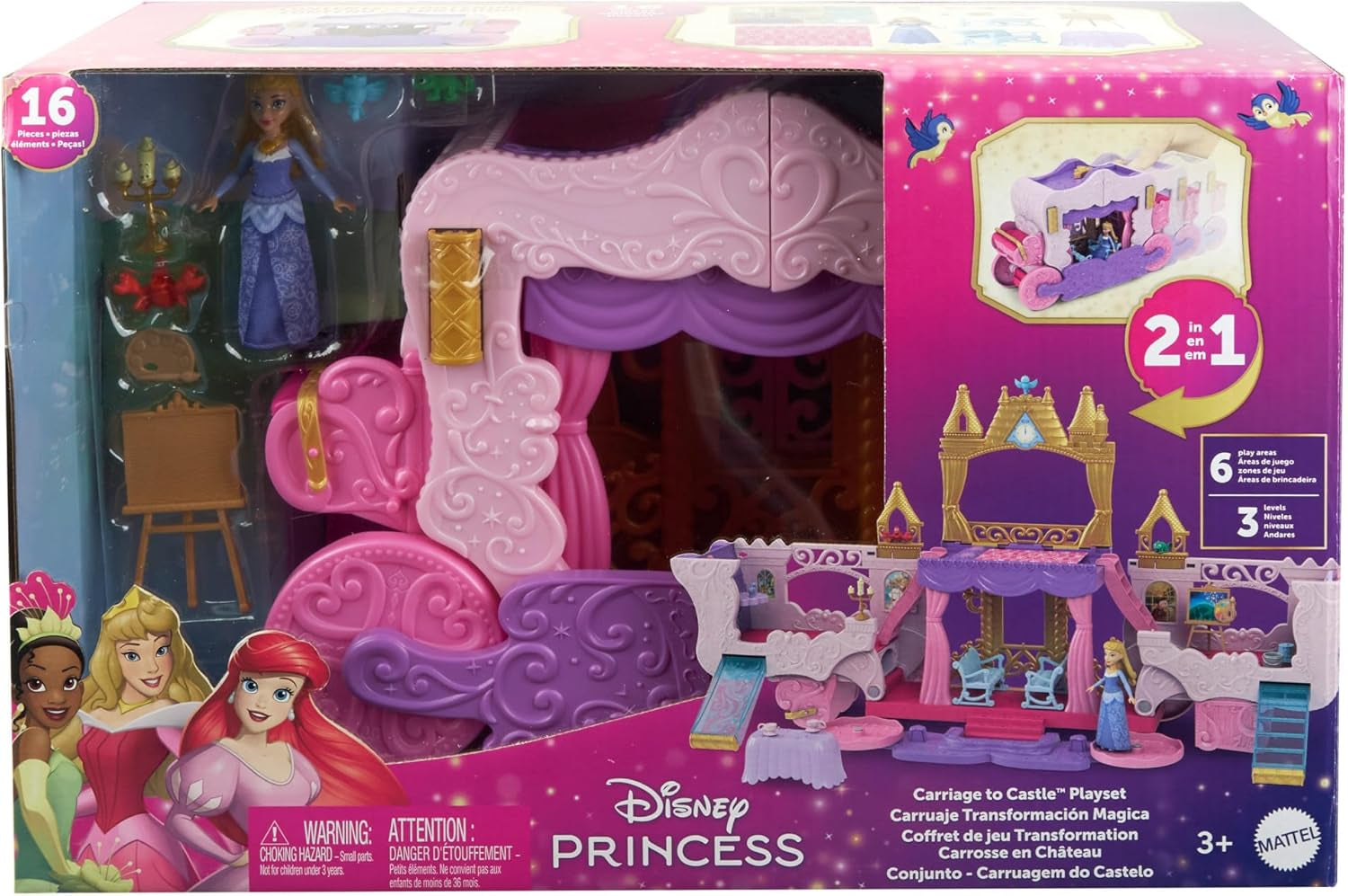 Mattel Disney Princess Transforming Playset Carriage to Castle With Little Aurora Doll, 3 nivele, 6 zone de joc, 4 figuri, mobilier și accesorii HWX17 Papusi Naty Shop