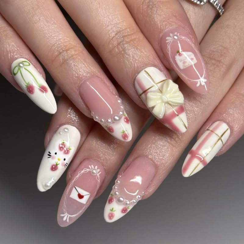 Mouyouglow 30 bucăți unghii false scurte, model floral cu dungi albe, culoare nud, model francez 3D, cu flori Y2K, cu lipici pentru unghii, vârfuri albe, flori argintii ondulate, vară, INS, unghii artificiale