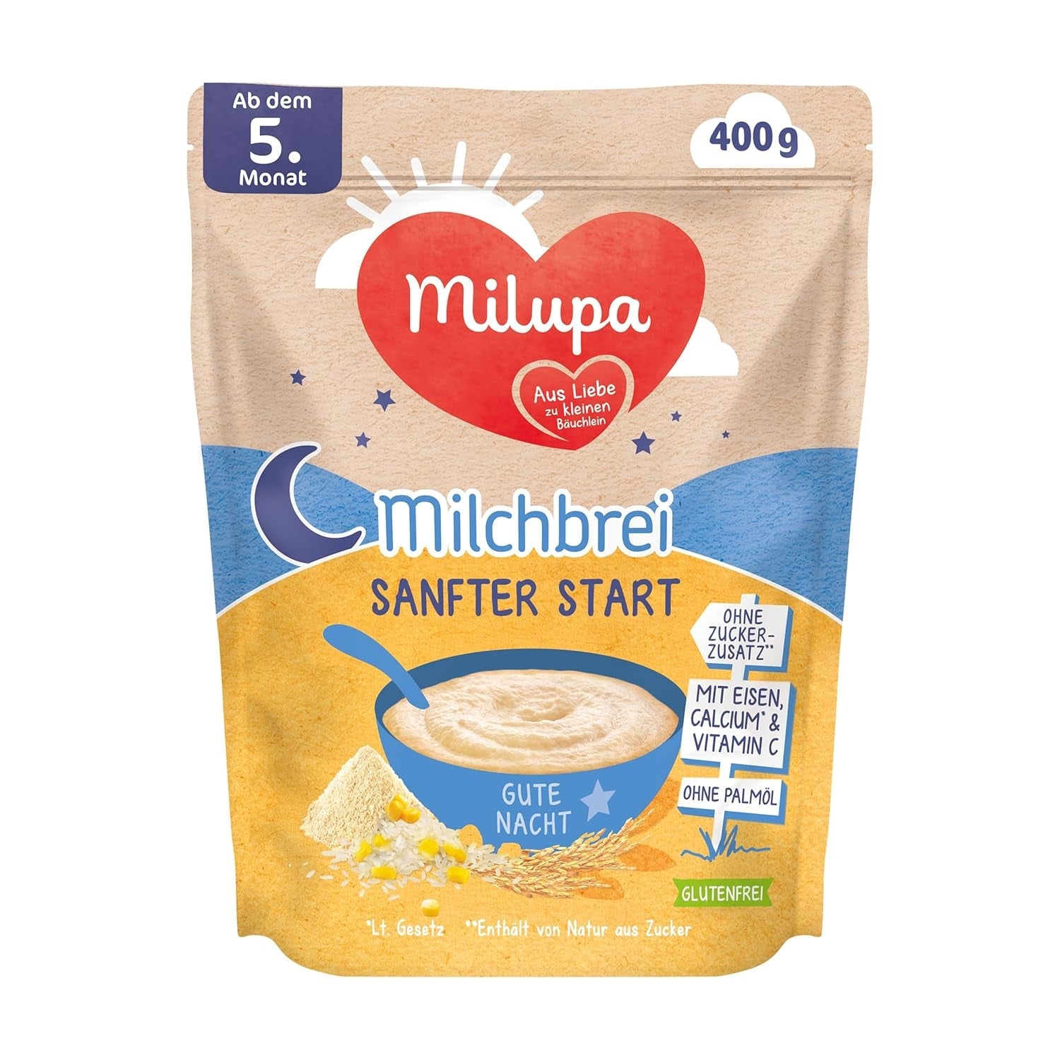 Terci de lapte Milupa Gentle Start – Cereale pentru bebeluși fără gluten, fără ulei de palmier – Fără conservanți și coloranți – De la 5 luni – 4 x 400 g