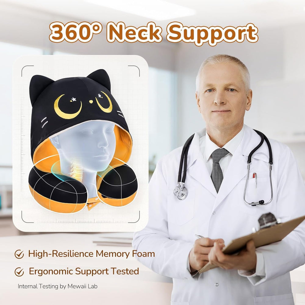 Pernă de călătorie Mewaii, pernă cu două fețe pentru adulți, pernă de gât din spumă cu memorie pentru avion, pernă de zbor reversibilă cu glugă pentru pisică, curea reglabilă