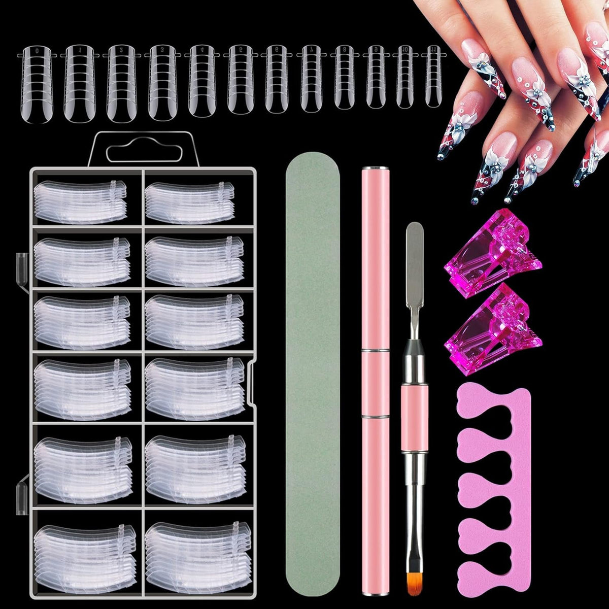 Set de 120 de forme duble pentru unghii, șabloane pentru extensii de unghii cu pensulă roz cu două capete, clemă pentru vârful unghiilor, separator de degete din burete și pilă de unghii pentru unghii Polygel