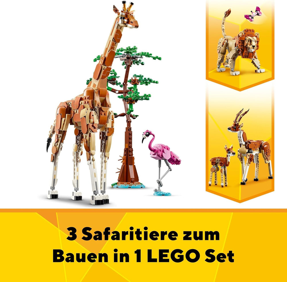 LEGO Creator 3in1 Wild Safari Animals, Giraffe Toy to Gazelle Figures to Lion Model, Set for Kids, Girls & Boys Aged 9 Plus, Includes Flamingo and Butterfly, Nature Gifts for Imaginative Play 31150