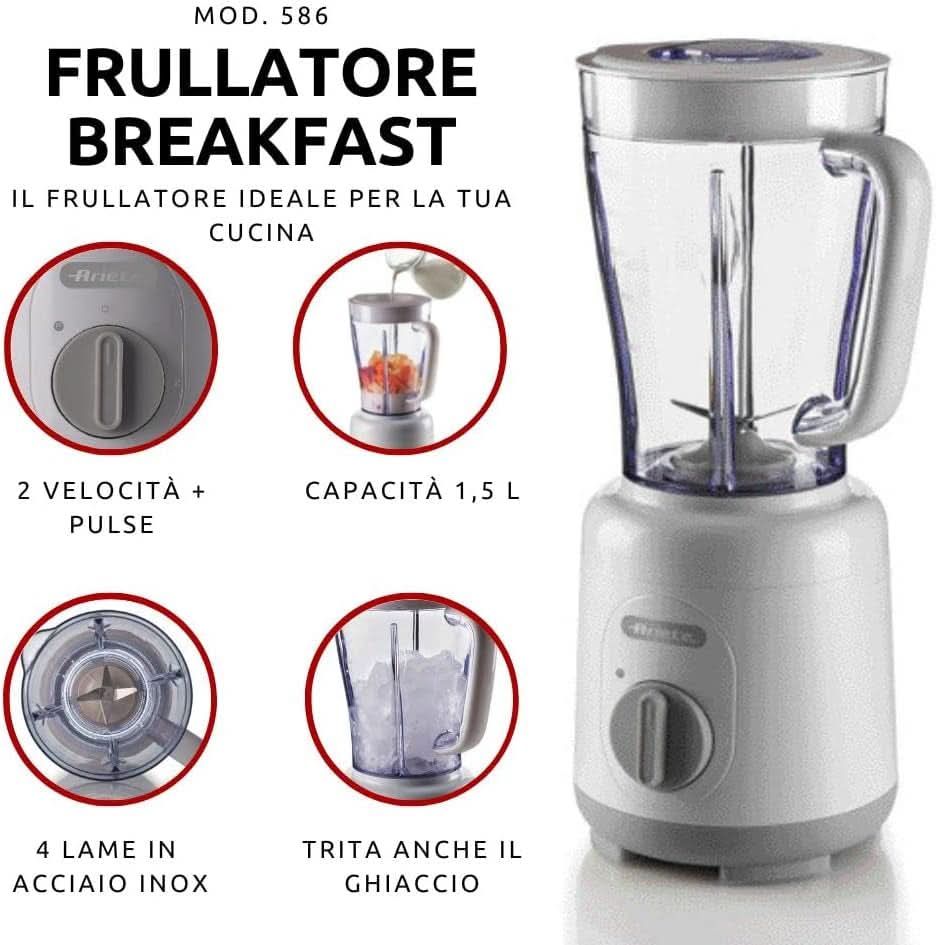 Ariete Breakfast 586 Blender, Elektrischer Mixer Mit 4 Edelstahlklingen, 2 Geschwindigkeiten + Pulse-Funktion, Anti-Slip-Füße, Aufsatzdeckel, 1.5 L Fassungsvermögen, 500W, Weiß Mother and Child Naty Shop