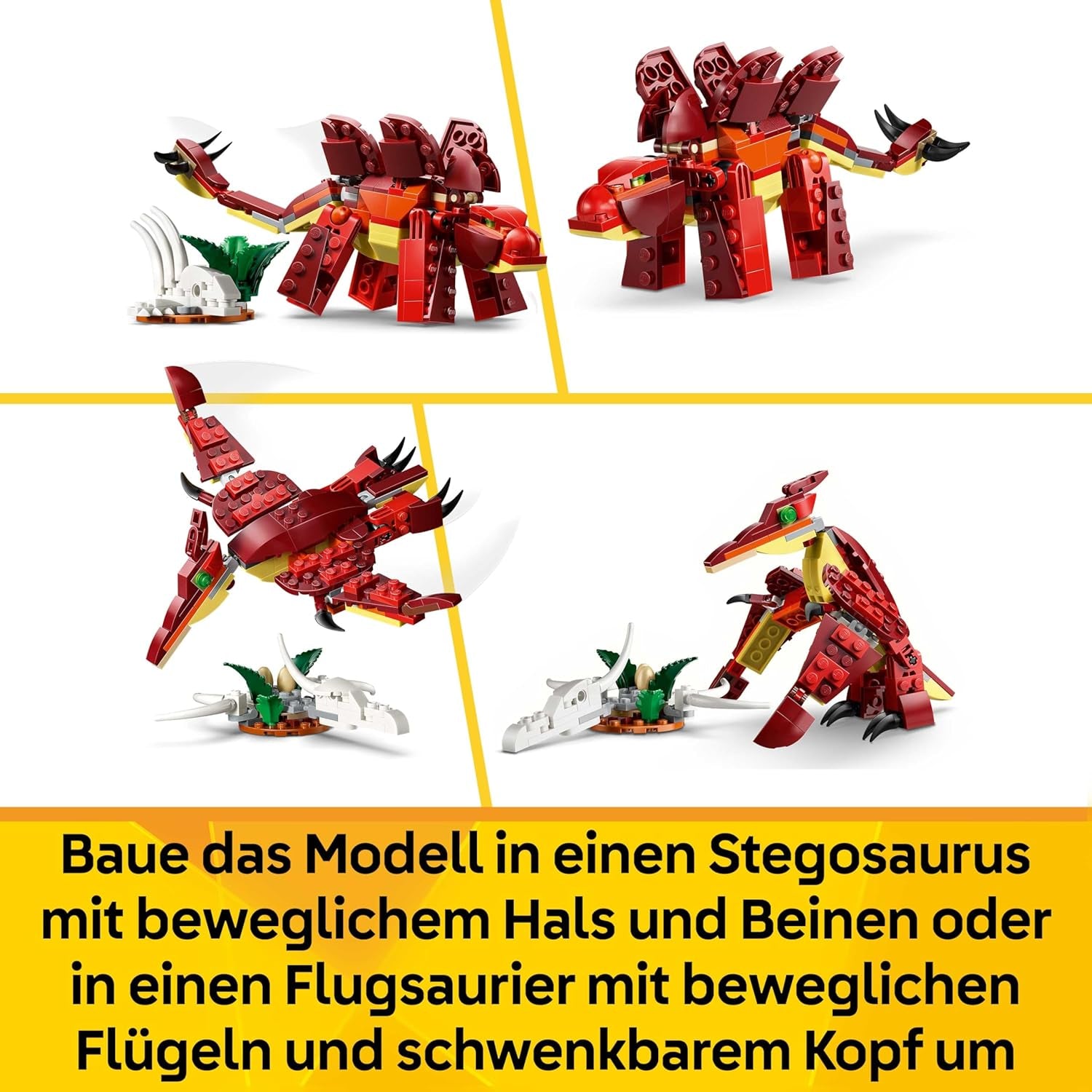 LEGO Creator 3in1 Fierce Dinosaur Toy - Build Velociraptor, Stegosaurus or Pterosaur Dino Figures w/Skeleton & Sharp Teeth Elements - Cool Birthday Gift Idea for 8+ Year Old Boys & Girls - 31379
