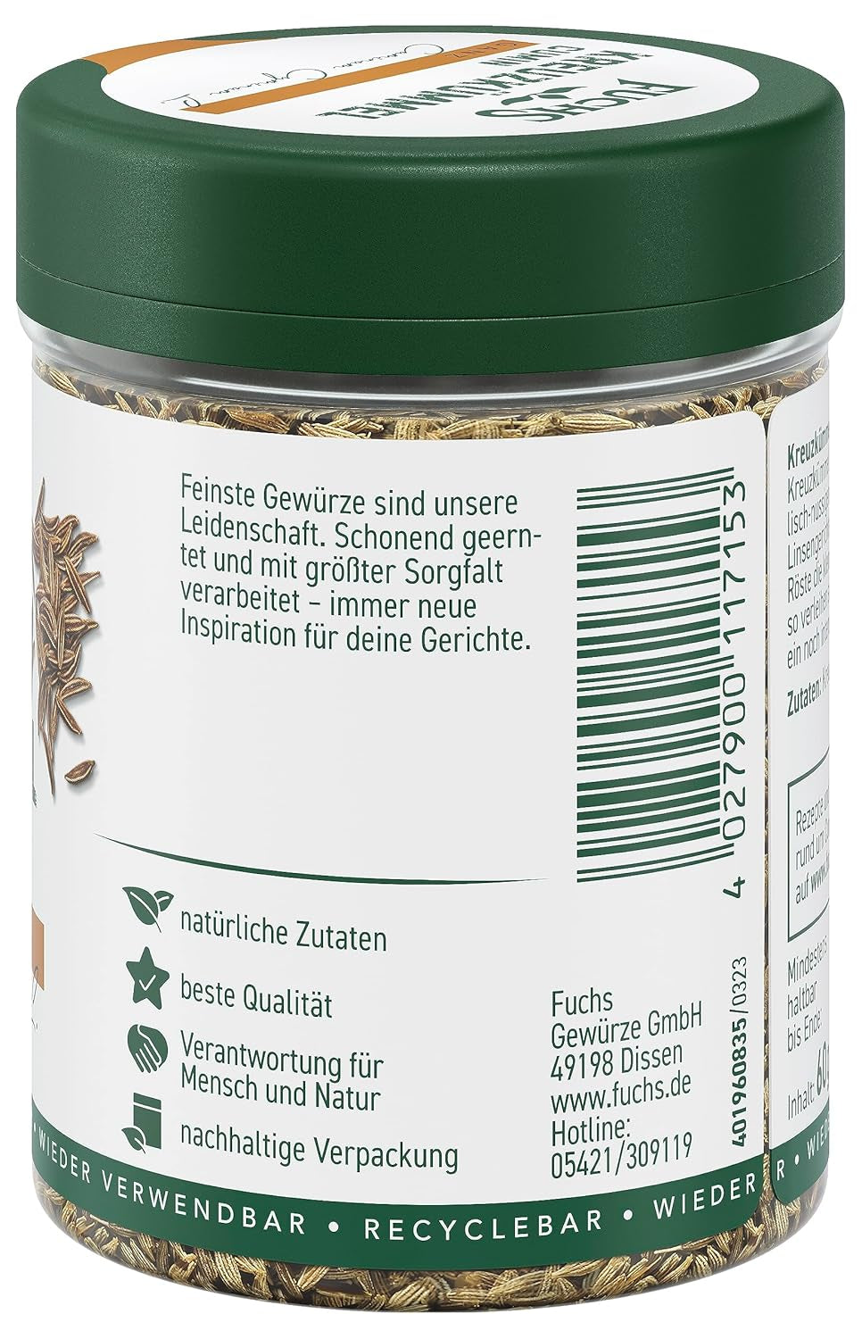 Fuchs Gewürze - Kreuzümmel ganz - orientalisch-nussige Note für Falafel und Linsengerichte - natürliche Zutaten - 60 g in wiederverwendbarer, recyclebarer Dose