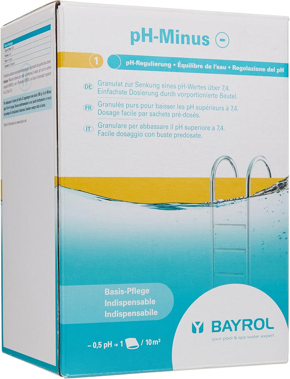 Granule BAYROL e-pH-Minus 6 kg - reduce rapid și eficient nivelurile excesiv de ridicate ale pH-ului din piscine - dozare ușoară direct în apă - include cană dozatoare - reductor de pH - reglarea pH-ului pentru piscine