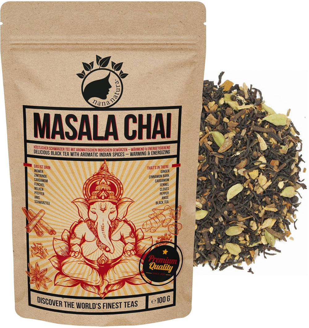 Nananatura'S MASALA CHAI TEE 100G | Perfect pentru ceai chai, chai latte cu lapte sau chai rece | 100% natural | Ceai negru delicios cu condimente indiene aromate | Încălzitor și energizant