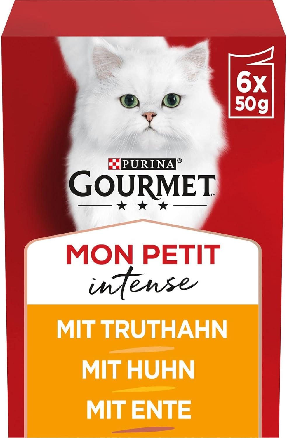 Hrană umedă pentru pisici Gourmet Mon Petit Intense, varietate de păsări de curte, pachet de 8 (8 x 6 pliculețe a câte 50 g fiecare)