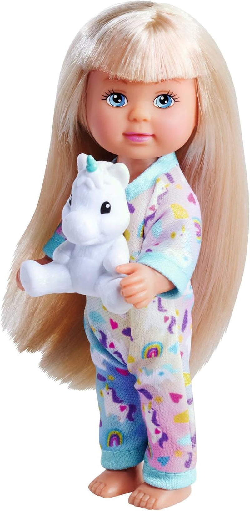 Simba Evi Love Pyjama, 3-Fach Sortiert, es Wird nur EIN Artikel geliefert, Puppe in einem süßen Pyjama mit Einhornkuscheltier, 12cm Spielpuppe, ab 3 Jahren