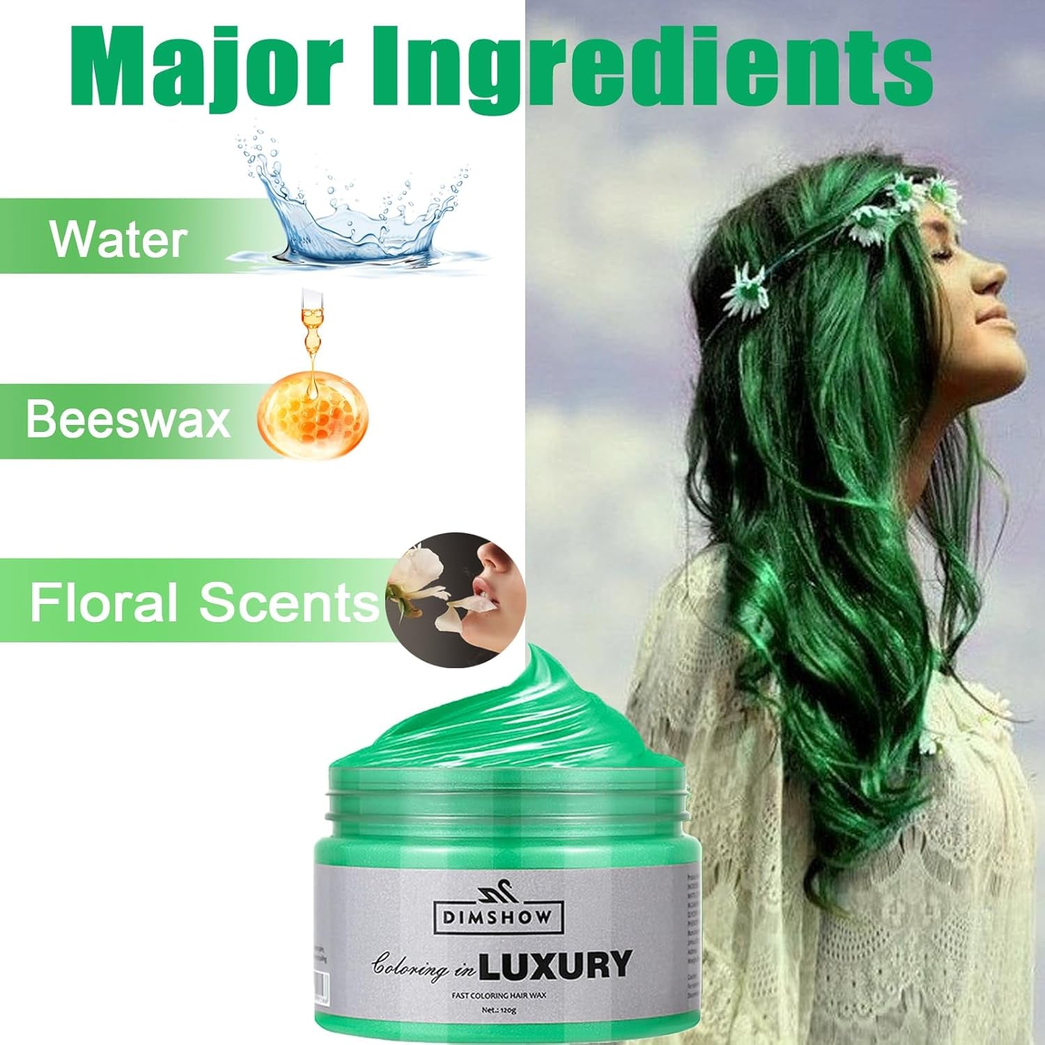 Ceară de păr temporară verde, spray de păr verde nebun temporar, noroi semipermanent lavabil, culoare de păr o singură dată, noroi de pastă de păr de styling instant, culoare naturală pentru păr pentru petreceri, activități și Halloween Vopsea pentru par Naty Shop