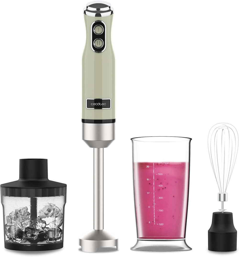 Cecotec Stabmixer Power Retrogreen 1200MAX Cream&Crush, Maximalleistung 1200 W, Crossblades-Technologie, 2 Geschwindigkeiten, Zubehörset Spülmaschinenfest, Spritzschutzhaube Kitchen Naty Shop