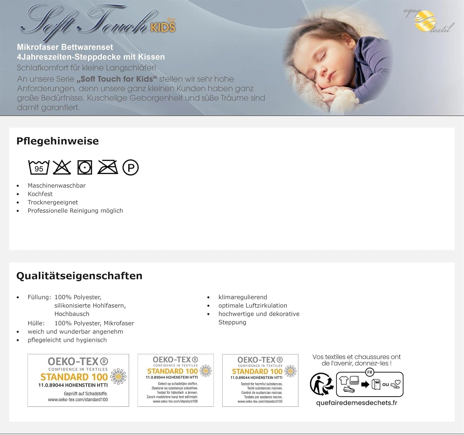 Aqua-Textil Soft-Touch-Set für Kinder, Bettdecke 100 x 135 cm, 250 g und 350 g, mit Kissen 40 x 60 cm, 150 g, Bettdecke 4 Jahreszeiten, Klimakontrolle, Öko-Tex, Bettdecken und Steppdecken, Naty Shop