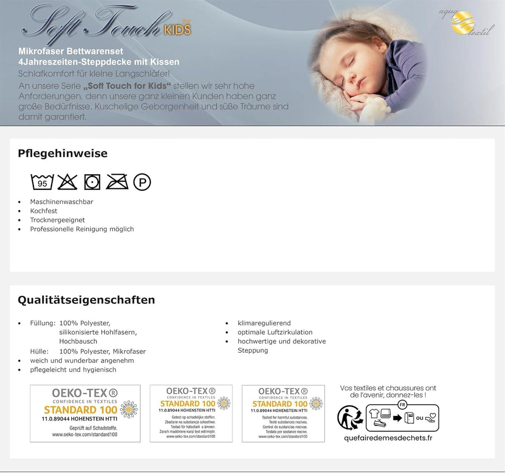 Aqua-Textil Soft-Touch-Set für Kinder, Bettdecke 100 x 135 cm, 250 g und 350 g, mit Kissen 40 x 60 cm, 150 g, Bettdecke 4 Jahreszeiten, Klimakontrolle, Öko-Tex, Bettdecken und Steppdecken, Naty Shop