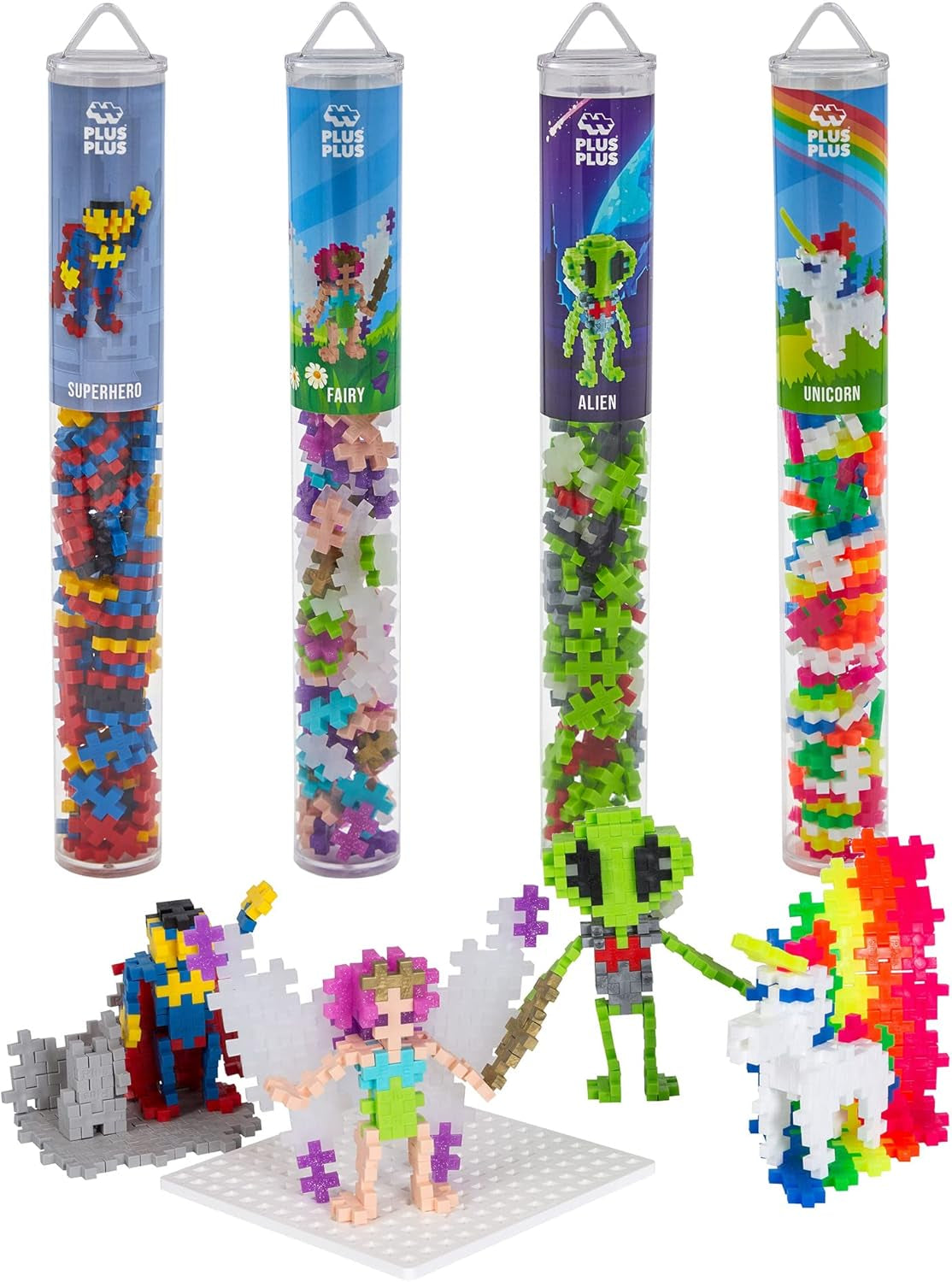 Plus-Plus 7265 Geniales Konstruktionsspielzeug, Farben-Mix, Bundle aus 4 verschiedenen Kreativ-Bausteine Tubes inkl. Bauplatte, 400 Teile, Mischfarben