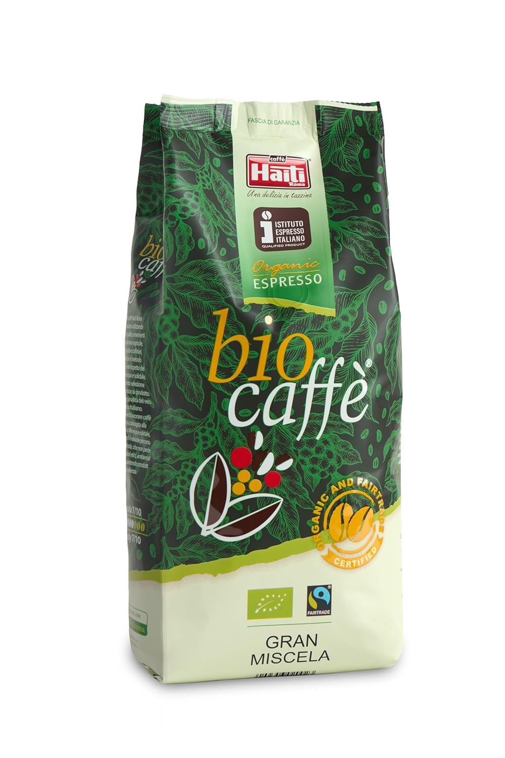 Boabe de cafea Caffè Haiti Roma Biocaffè Gran Miscela 100% organice/Fairtrade, 1 kg, certificate de Institutul Italian de Espresso. Un espresso gourmet produs în Italia. Prăjire artizanală.
