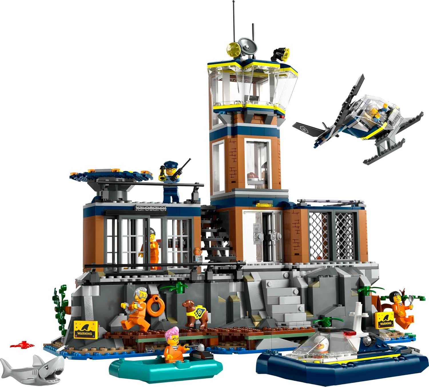 LEGO City Polizeistation auf der Gefängnisinsel, Polizei Spielzeug mit Hubschrauber, Boot und Hai, Set mit 7 Minifiguren und Hund, Geschenk zum Geburtstag für Jungen und Mädchen ab 7 Jahren 60419