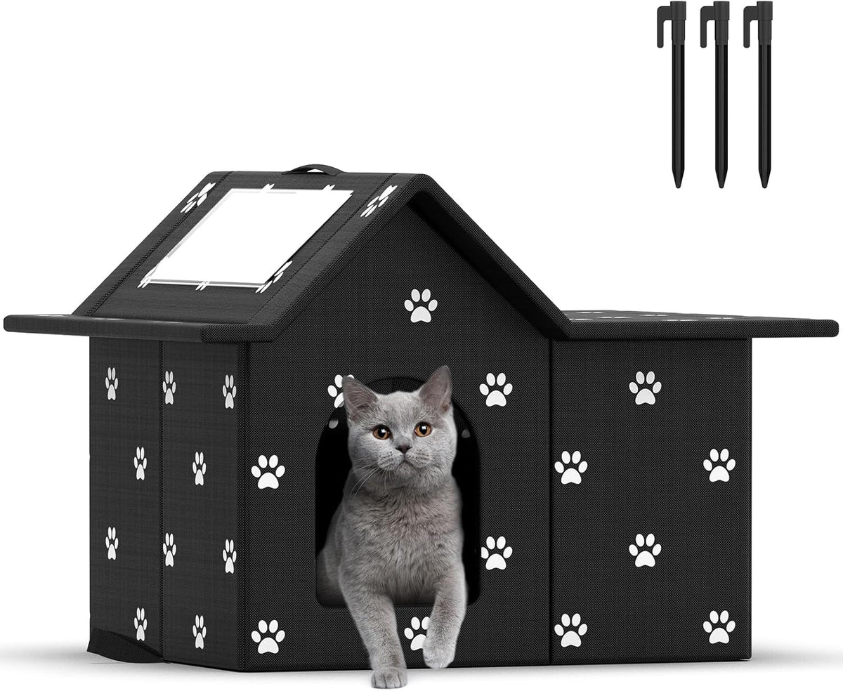Katzenhaus Für Draußen Winterfest, Haus für verwilderte Katzen mit abnehmbaren Kissen, Winterschutz für Haustiere mit Türvorhängen, einfach zu montieren