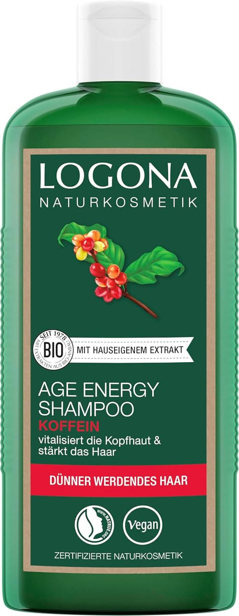 LOGONA Natural Cosmetics, Șampon, formulă vegană din cafeină organică, 250 ml Duș și baie Naty Shop 1.5 litri