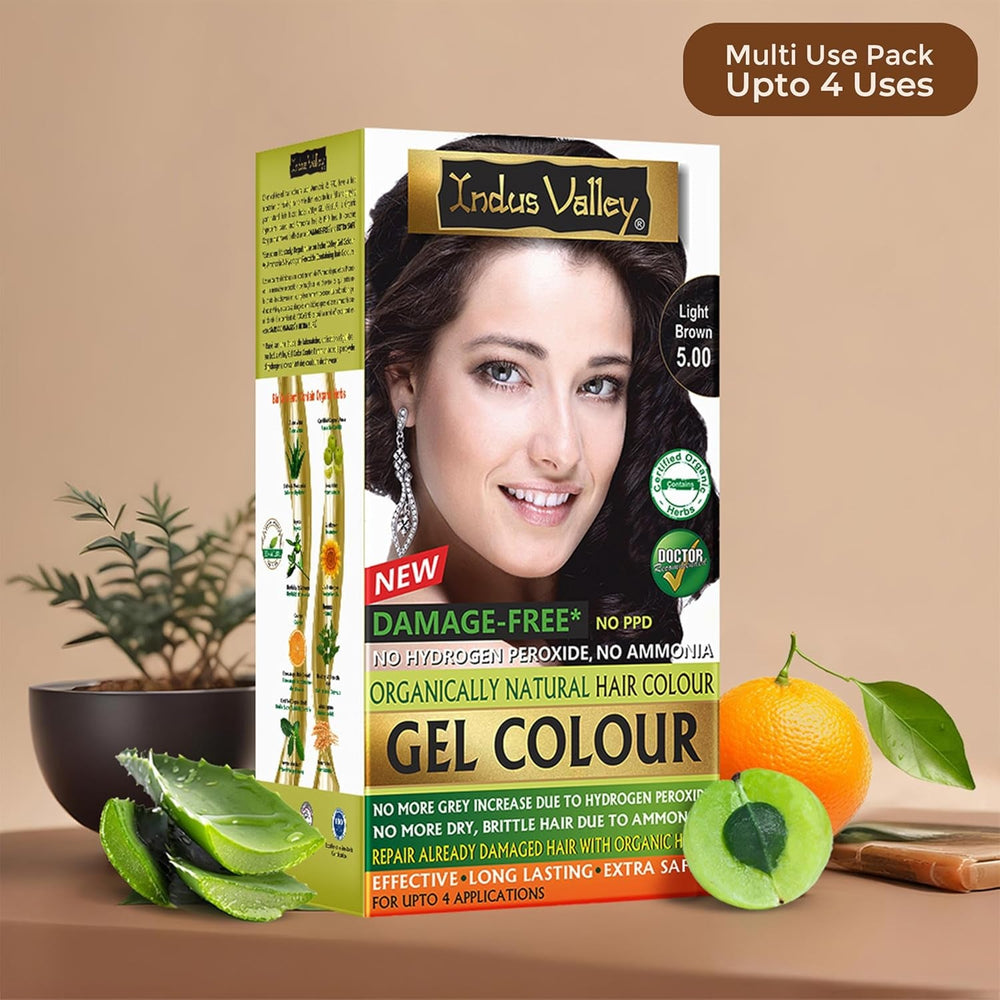 Indus Valley Natural Damage Free Gel Hair Colour | Fără amoniac, vegan și fără cruzime | Până la 100% acoperire gri, rezultate de lungă durată | Castaniu deschis 5.0 (20 gram + 200 ml) Vopsea pentru par Naty Shop