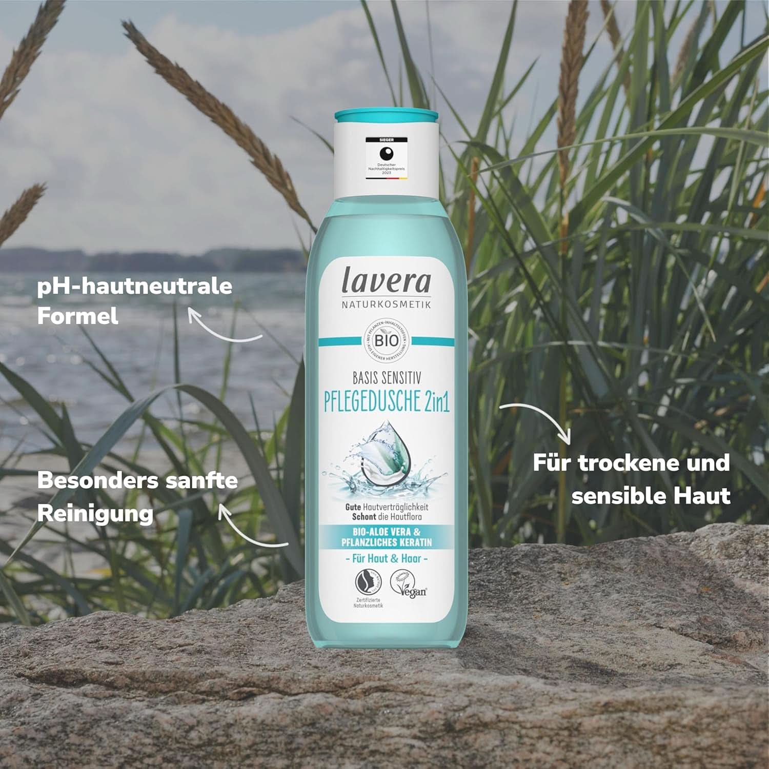 Lavera Pflege Basis Sensitiv 2 in 1, Shampoo und Duschgel mit Bio-Aloe Vera und pflanzlichem Keratin, 250 ml Dusche und Bad Naty Shop