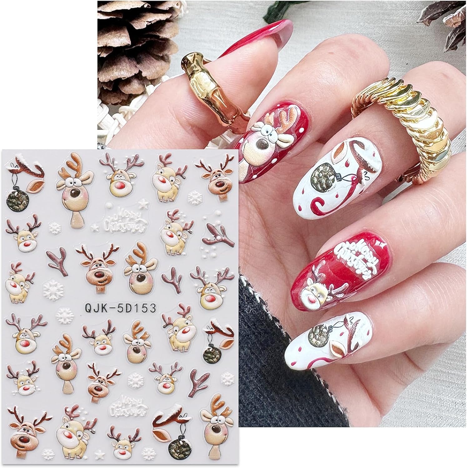 JMEOWIO 3D Nagelsticker Weihnachten Nail Art Sticker Selbstklebend Nagelaufkleber 5D Stereoskopisch Schneeflocke Xmas Winterurlaub Niedlich Dekoration Nageldesign Zubehör 4 Blatt