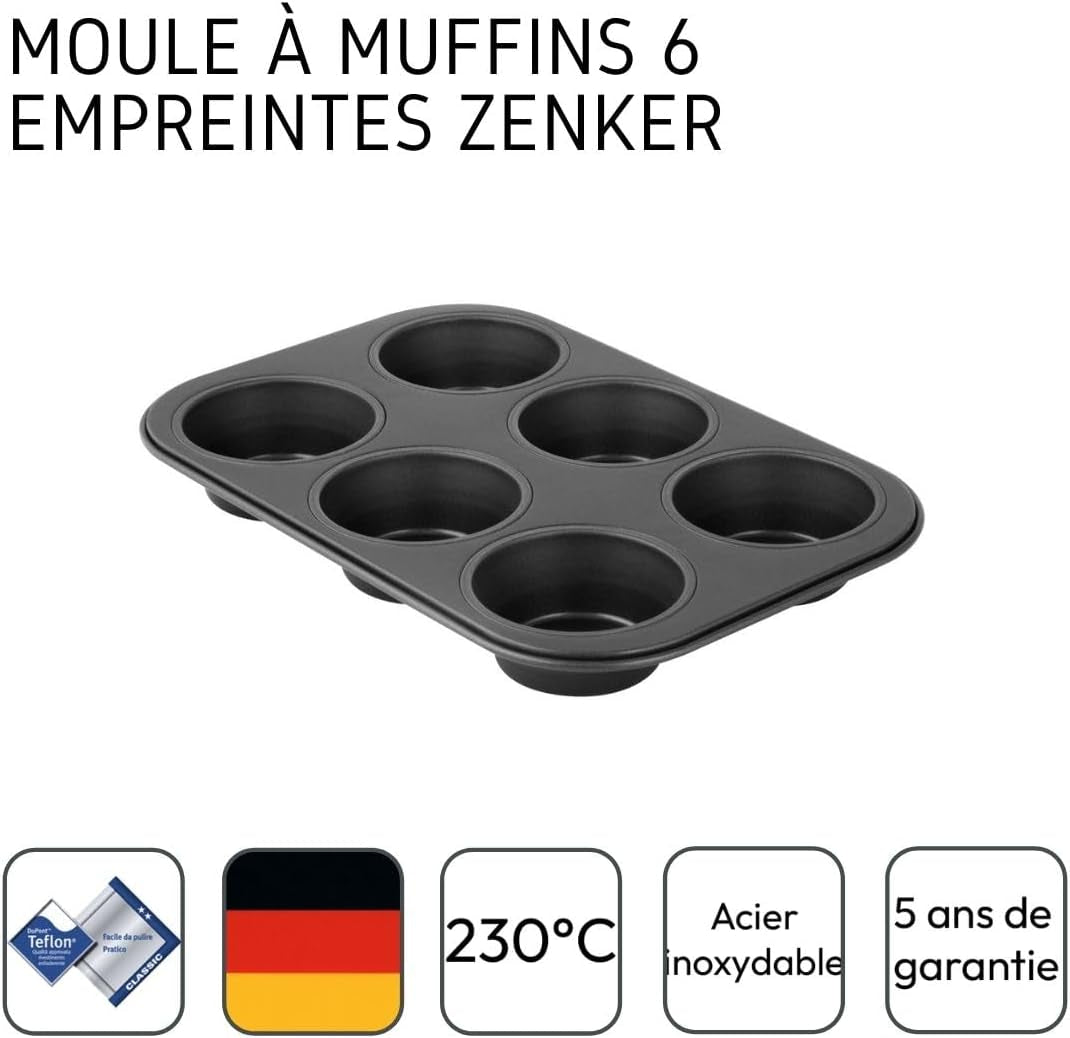 Zenker 6Er Muffinform Schwarz Metallic, 275X190X30 Mm, Teflon Classic Antihaftbeschichtung, Hitzebeständig bis 230°C, Leichte Reinigung, Ideal Für Köstliche Muffins Formen und Backbleche Naty Shop