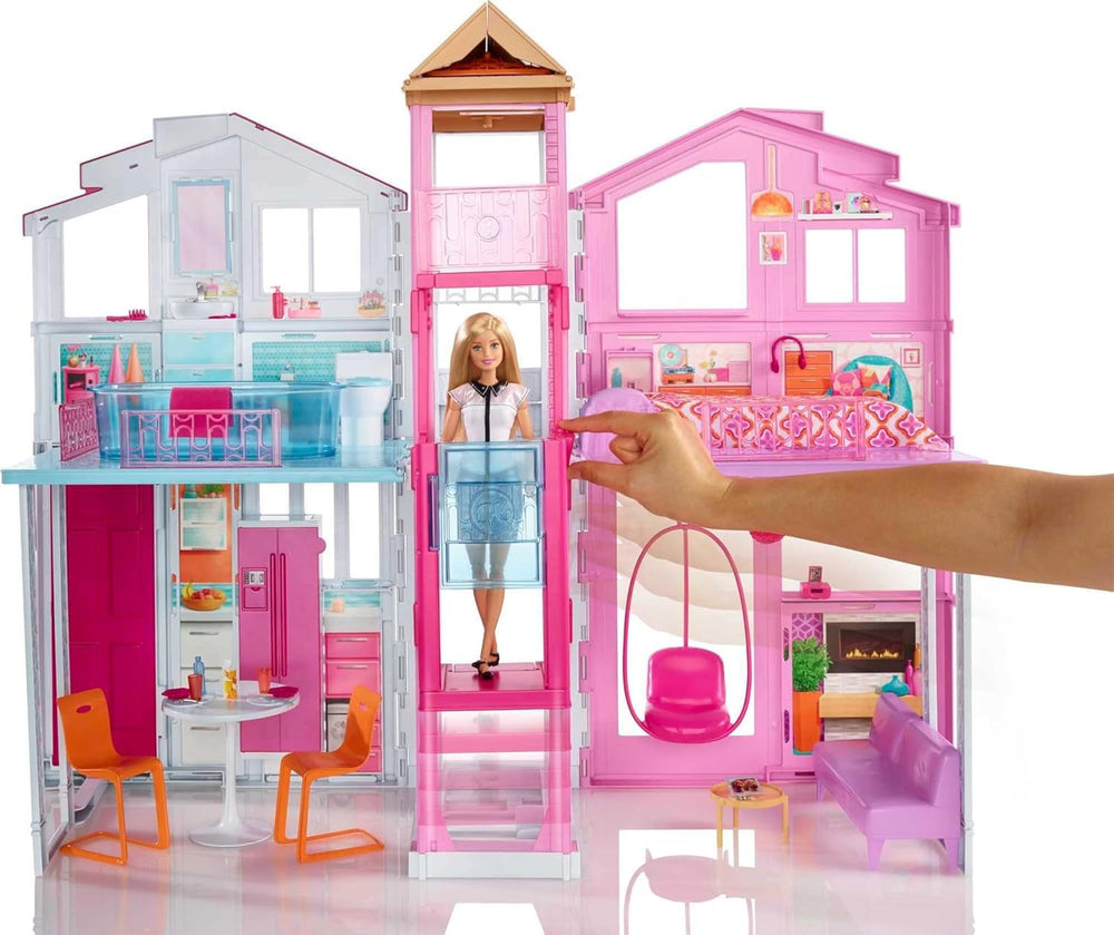 Casă de vis Barbie, Casă de oraș cu 3 etaje și 5 camere, inclusiv accesorii precum mobilier, pliabilă și depozitabilă, jucărie pentru vârste de 3 ani și peste, DLY32