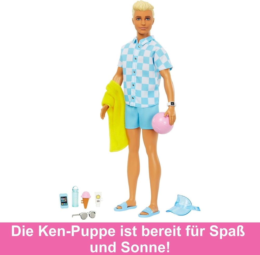 Barbie Ken - Păpușă blondă cu cămașă albastră și șorț de baie, accesorii de plajă și minge de plajă pentru joacă creativă, pentru copii cu vârsta de 3 ani și peste, HPL74