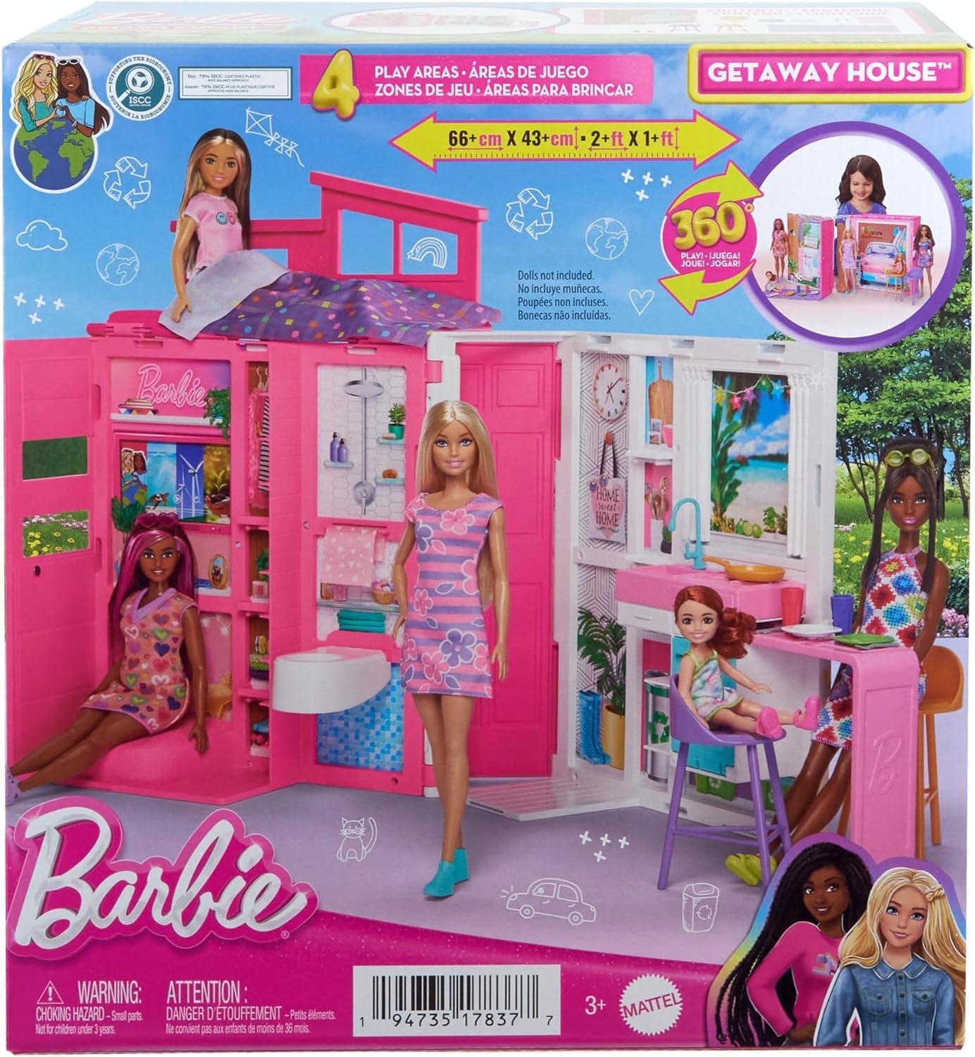 Barbie-Puppenhaus Spielset, Ferienhaus mit 4 Spielbereichen, darunter Küche, Badezimmer, Schlafzimmer und Lounge, 11 Deko-Zubehörteile, HRJ76