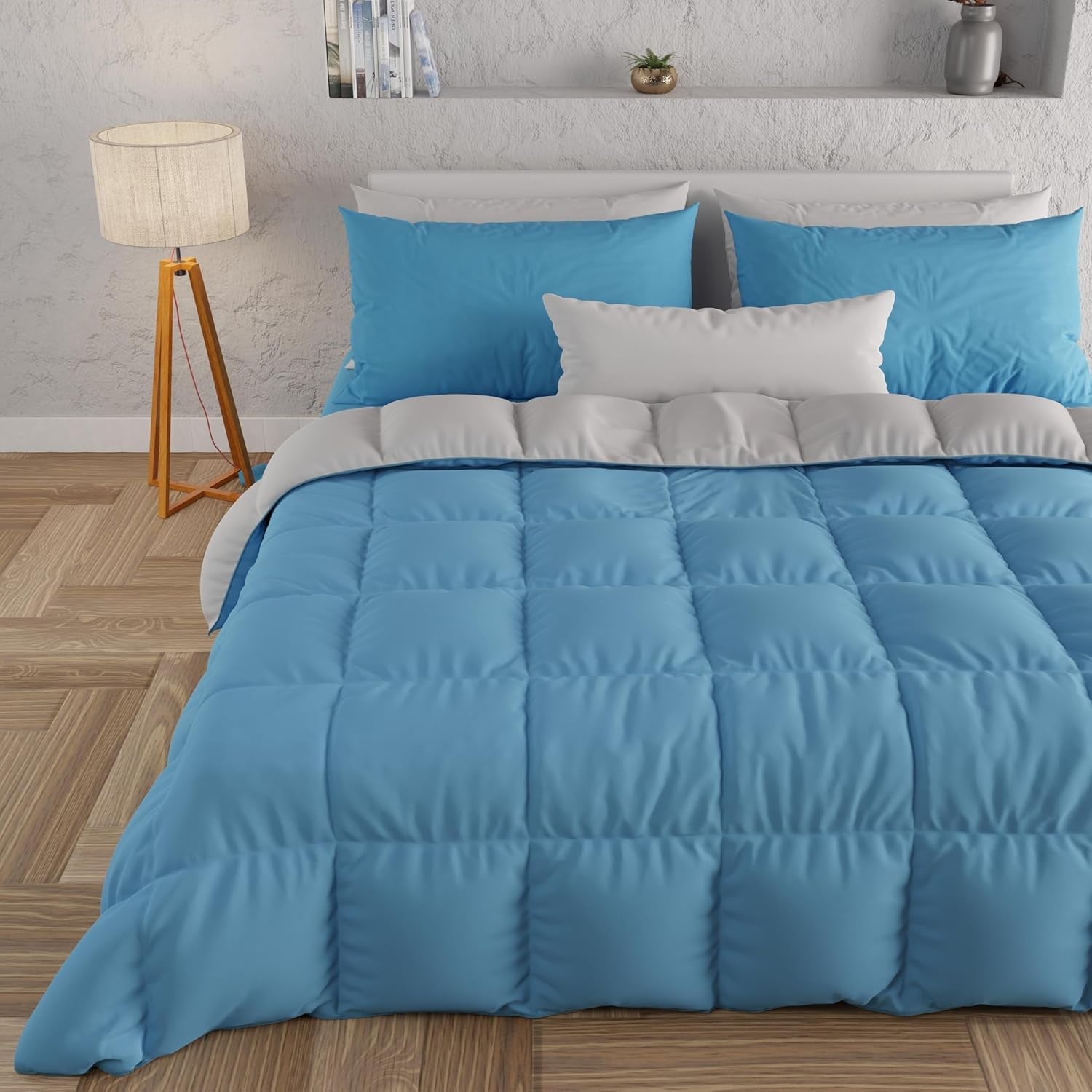 PETTI Artigiani Italiani - Cuvertură de iarnă pentru pat dublu, maxi, monocoloră, față-verso, alb, gri, 100% Made in Italy Plapumi si pilote Naty Shop Albastru deschis Gri Una Piazza E Mezza