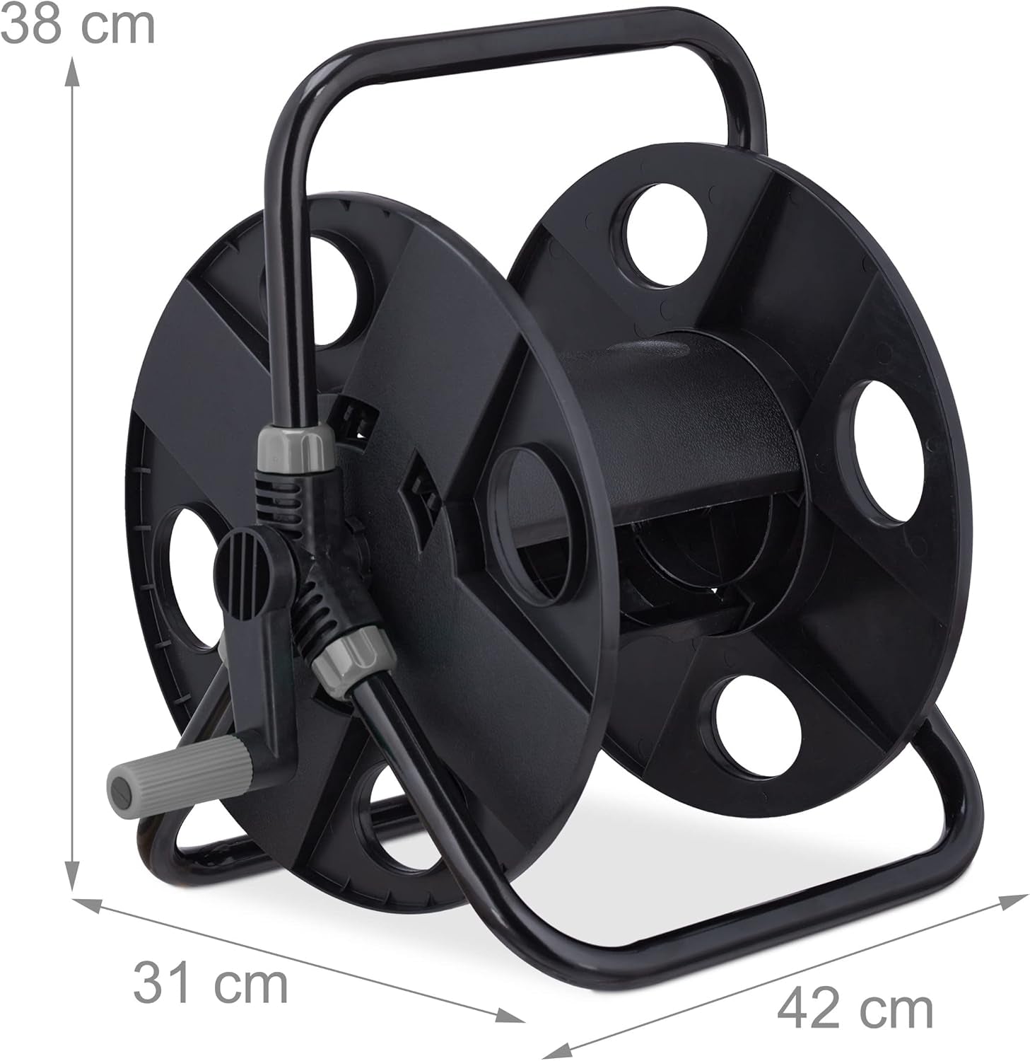 Rolă furtun Relaxdays, pentru furtun de 30 m 1/2", oțel, plastic, suport furtun, HL: 38 x 42 x 31 cm, negru/gri