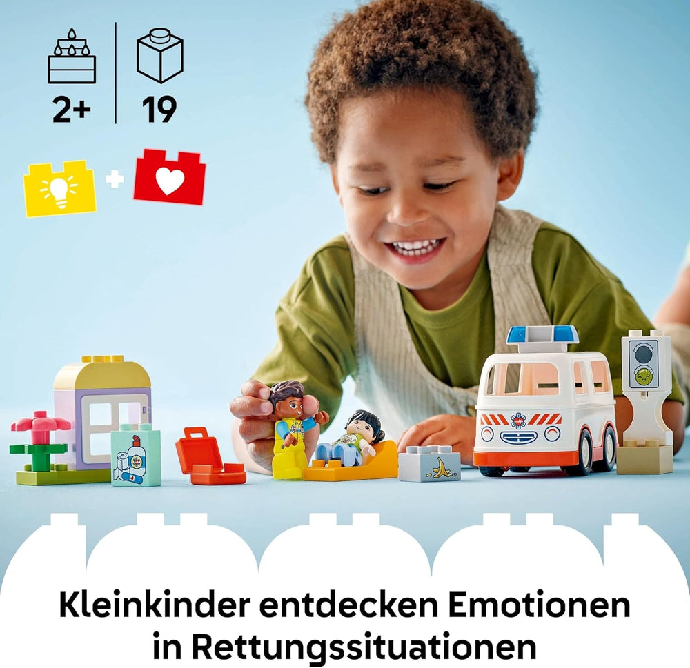 LEGO DUPLO Rettungswagen mit Fahrer - Lernspielzeug für Kleinkinder ab 2 Jahren - Montessori Spielzeug für Rollenspiele - Rettungswagen Spielzeug mit Auto, Haus, 2 Figuren - Geschenk für Kinder 10447