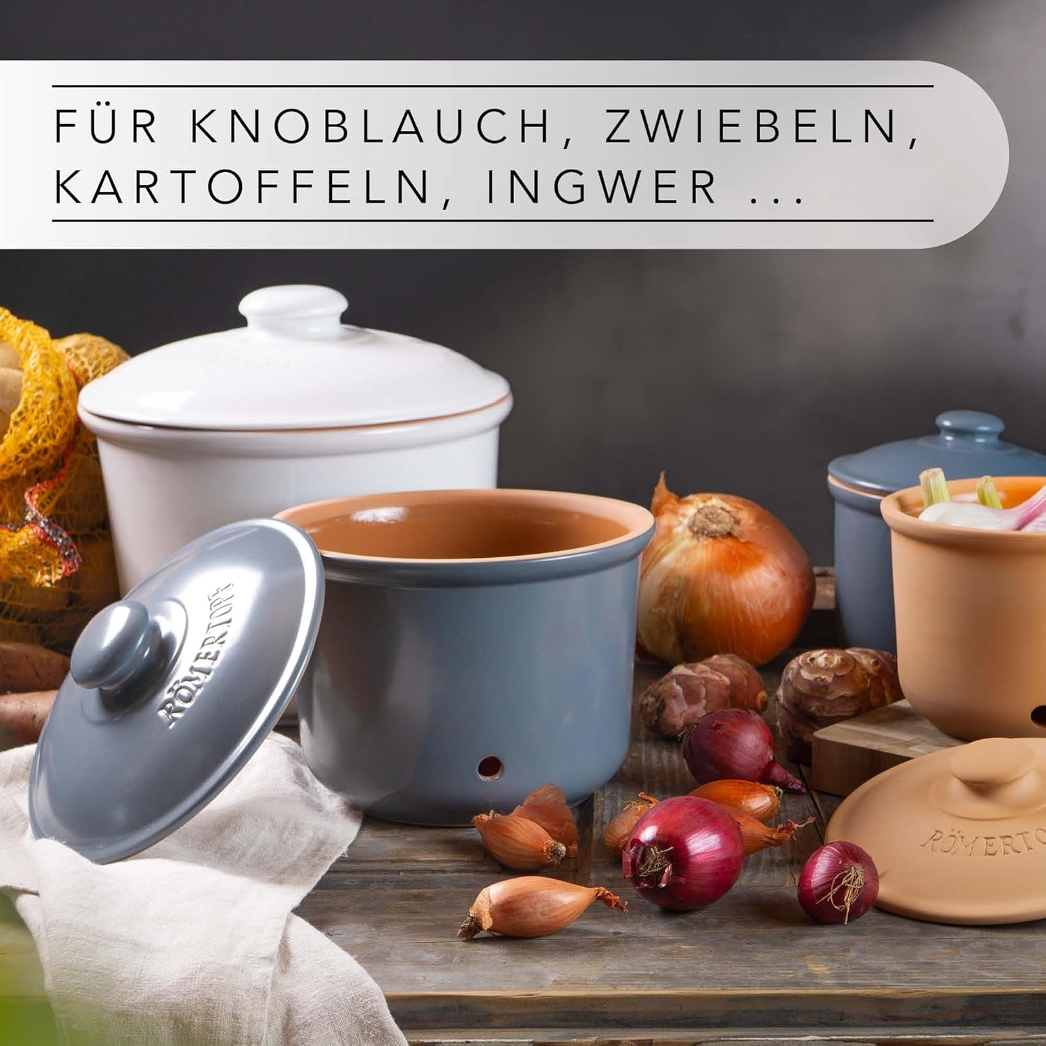 Römertopf oală de usturoi oală proaspătă din lut natural pentru o perioadă lungă de valabilitate a alimentelor, cum ar fi usturoiul Ø 12,5 cm alb Cutii depozitare alimente Naty Shop