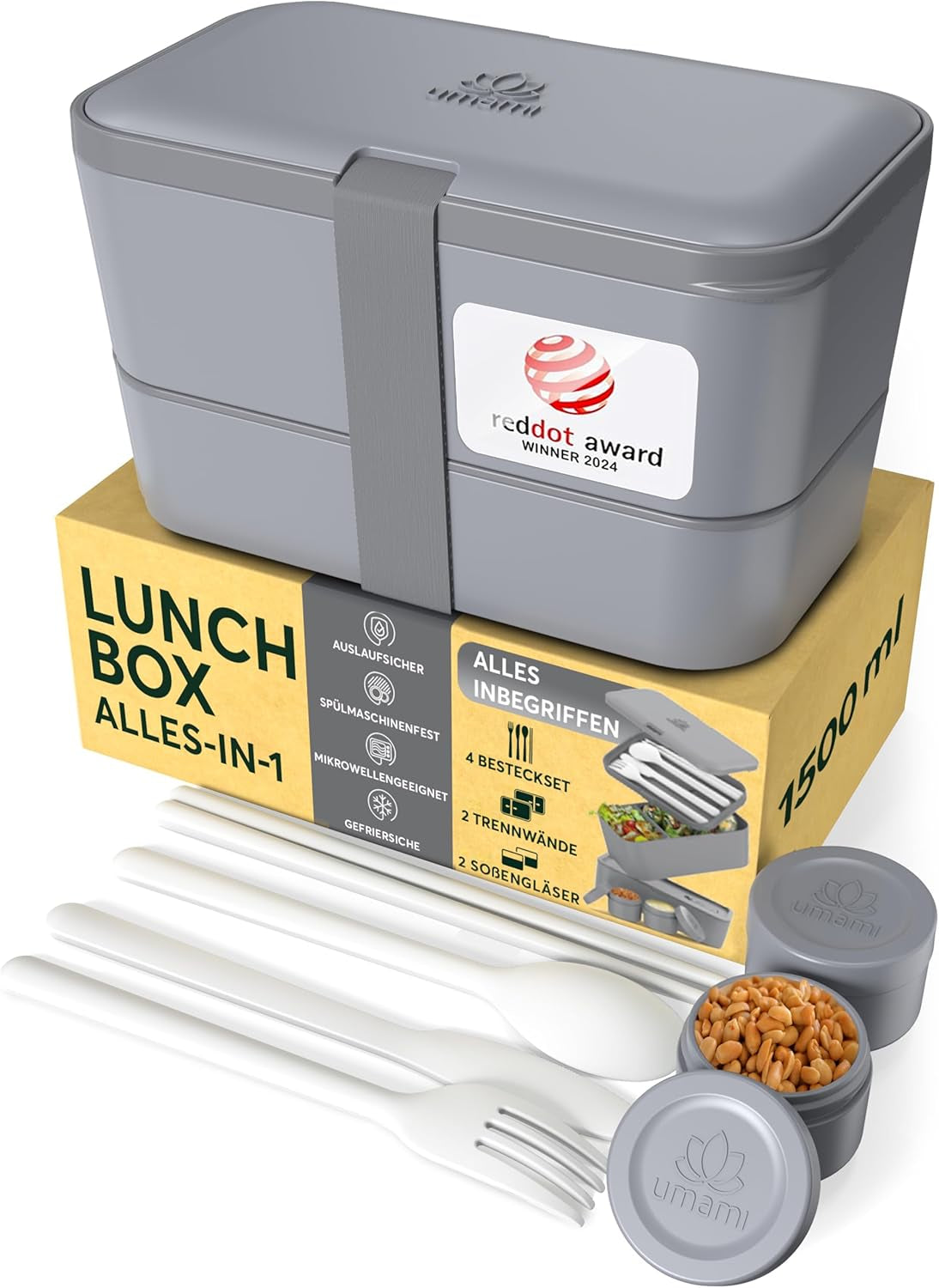 Cutie de prânz Umami pentru adulți, cutie bento stivuibilă etanșă cu 4 tacâmuri și compartimente, cutie de prânz pentru adulți, recipient pentru salată to-go, cutie de prânz pentru picnic / birou, gri cărbune, 1500 ml Cutii depozitare alimente Naty Shop Gri cărbune L - 1500 Ml Stivuibile unul în celălalt