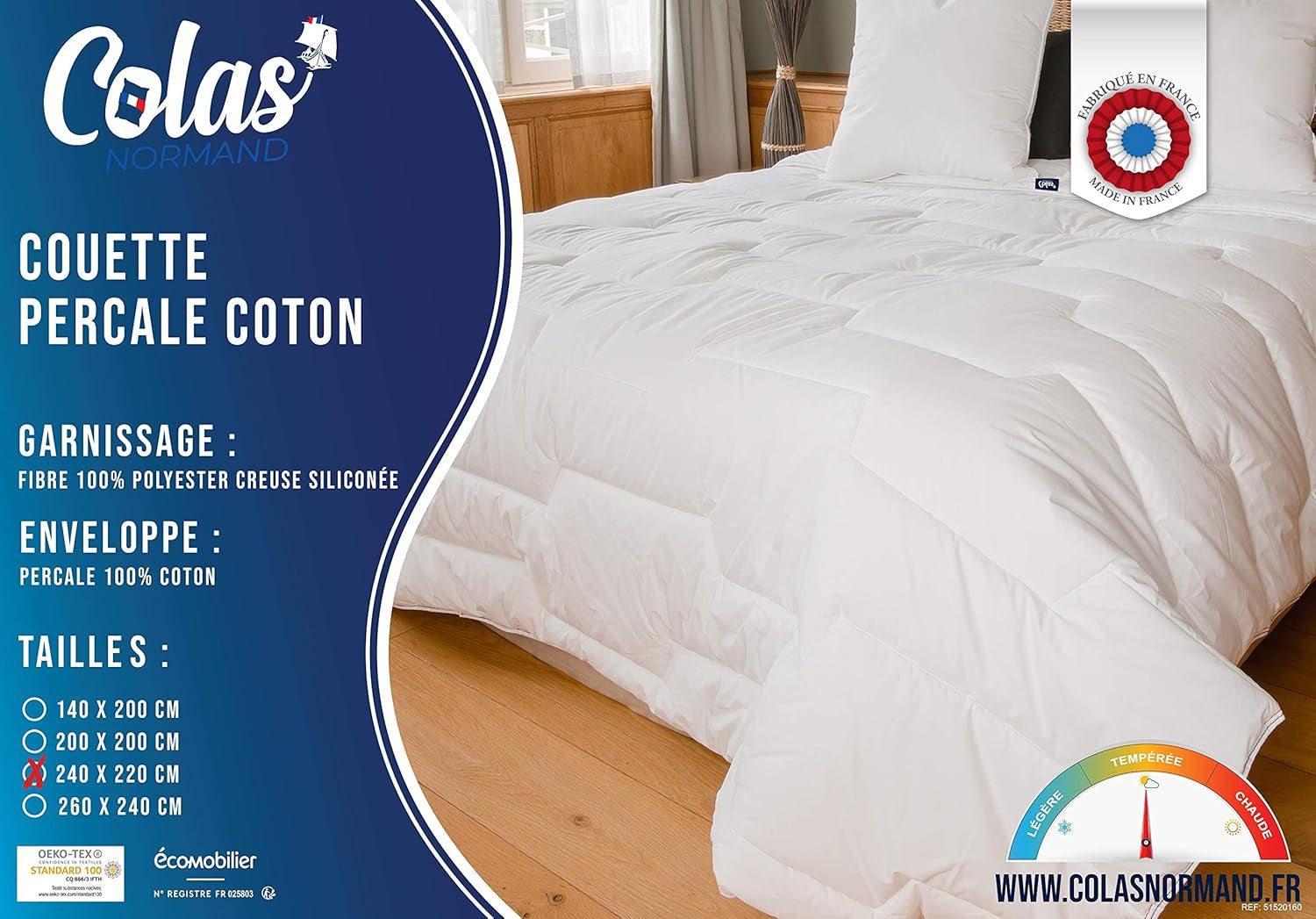Plapumă din bumbac Percale, 240 X 220 cm, de înaltă calitate, 100% bumbac Percale, moale și confortabil, rezistent, finisaj fin, fabricat în Franța, alb Plapumi si pilote Naty Shop