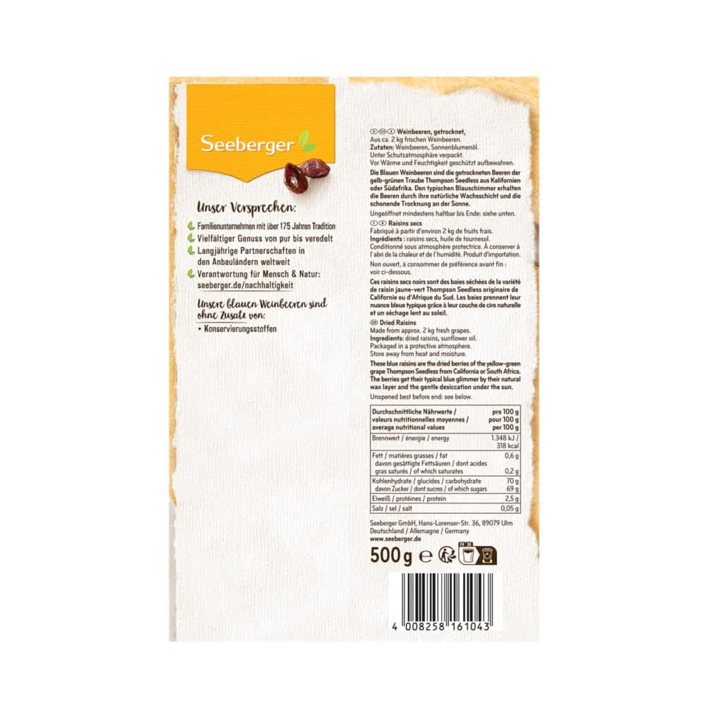 Seeberger, kernlose Thompson saftig-süße Rosinen, 8 x 500 Gramm Naty Shop Dehydrierte Produkte