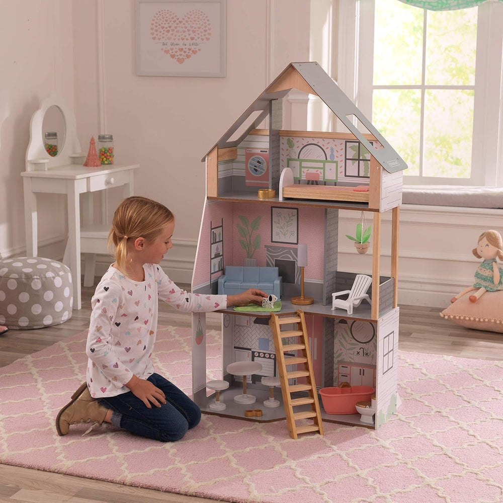 Kidkraft Alina Holzpuppenhaus mit Möbeln und Zubehör für 30-cm-Puppen, 3-stöckiges Spielset mit Hund und beweglicher Treppe, Spielzeug für 3-jährige Kinder, 10229 Naty Shop Puppenhäuser