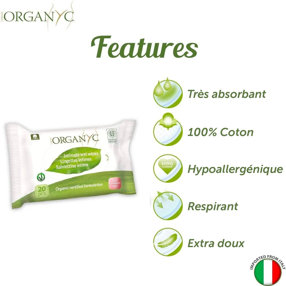 Șervețele umede Organyc Moist Intimate, fabricate din bumbac 100% organic certificat - 4 pachete a câte 20 de șervețele (80 de șervețele în total)