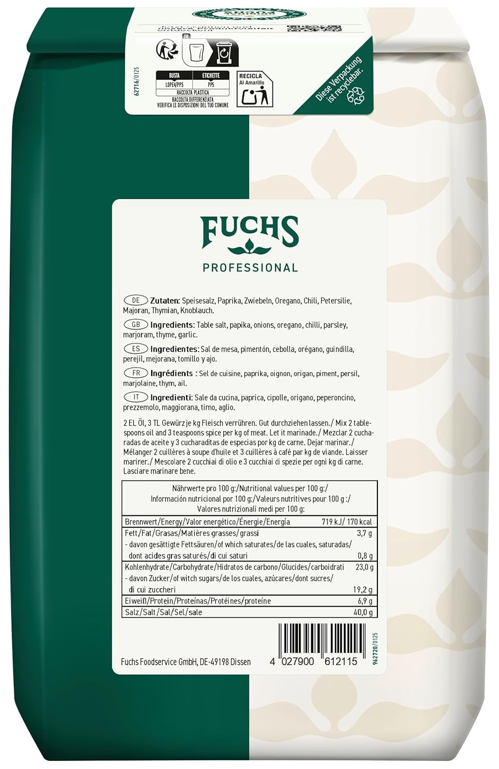 Fuchs Professional - Drehspiess Döner Kebab Gewürzzubereitung | Gewürz für den typischen-Döner Geschmack | Profi-Qualität für Großverbraucher und Gastronomie | 1 kg im recyclebaren Beutel