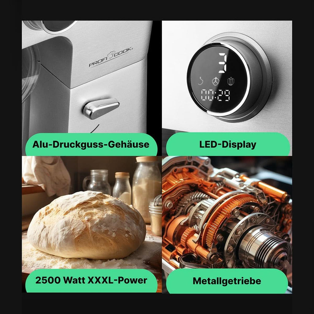 Proficook® Küchenmaschine Mit XXL 12L Schüssel | Knetmaschine Mit 2500W Longlife-Profi-Motor | Metallgetriebe Und Led-Display | Food Processor Für Bis Zu 8,5 Kg Teig |13 Geschwindigkeiten | PC KM 1254 Mama si Copilul Naty Shop