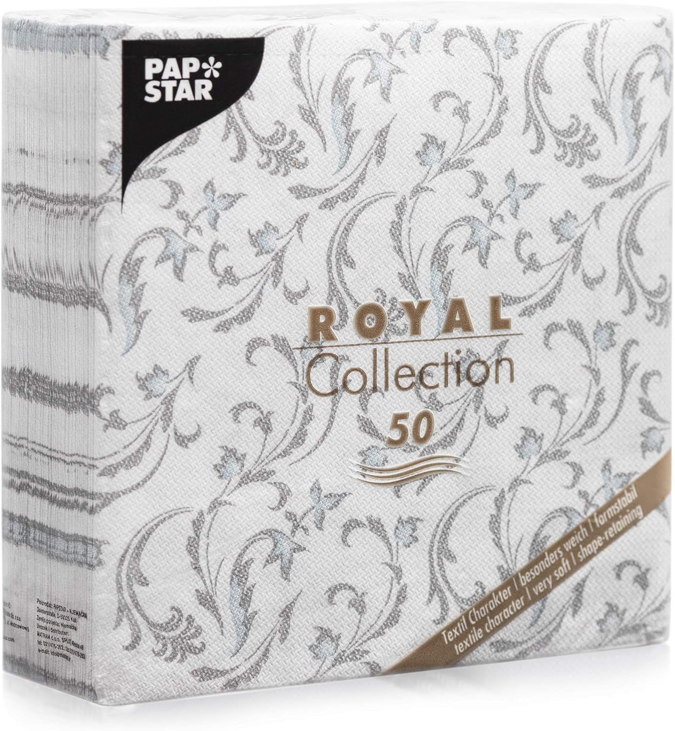 Papstar, 50 șervețele "ROYAL Collection" 1/4-fold 40 Cm X 40 Cm gri "Damascato", #85005