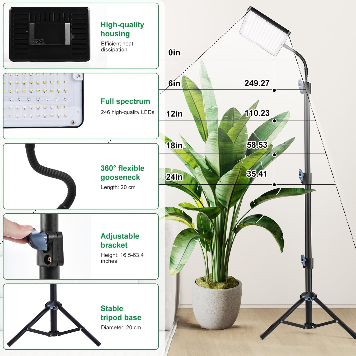 Lampă LED cu spectru complet pentru plante cu suport reglabil, 246 de LED-uri cu temporizator și 9 niveluri de luminozitate, lumină pentru plante pentru legume înflorite, hidroponie și semințele, pentru începători și grădinari de interior