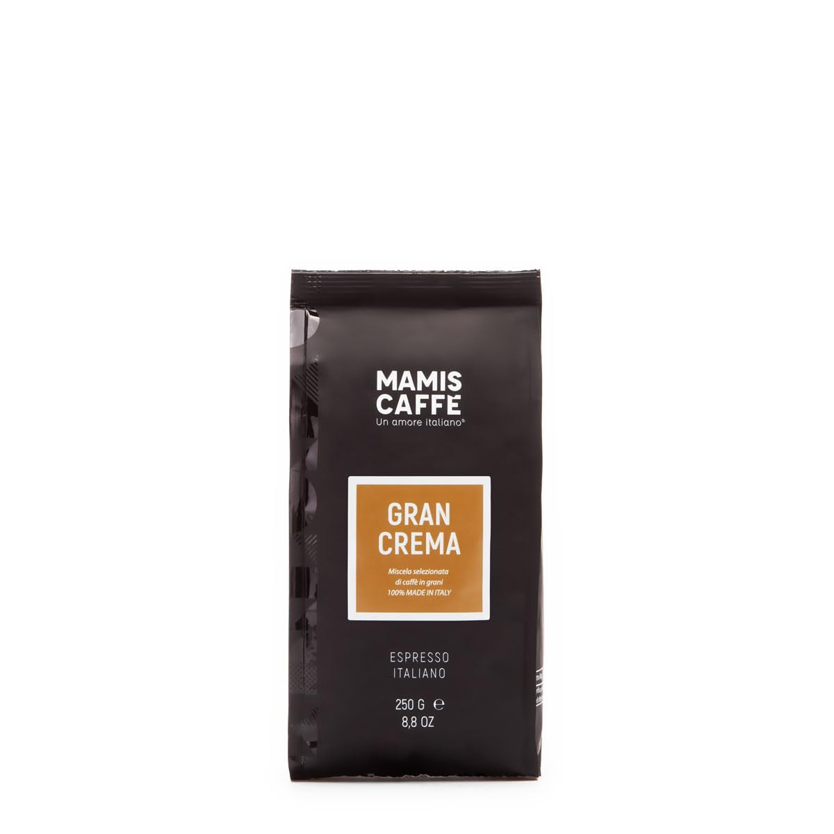 Mamis Caffè Gran Crema, ganze Espressobohnen – 100 % Arabica-Bohnen, fruchtiges Aroma, Schokolade, leicht süßlich, mittlere Röstung und dicke Creme, angebaut in Brasilien und Kolumbien. Coffee Naty Shop 250 Gramm ganze Bohnen